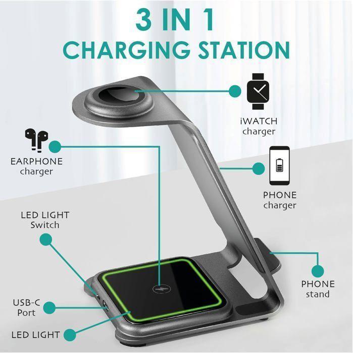 Chargeur sans fil - OVERMUST - Wireless 3 en 1 - Recharge simultanée - Aluminium compact - Compatible iPhone/Samsung