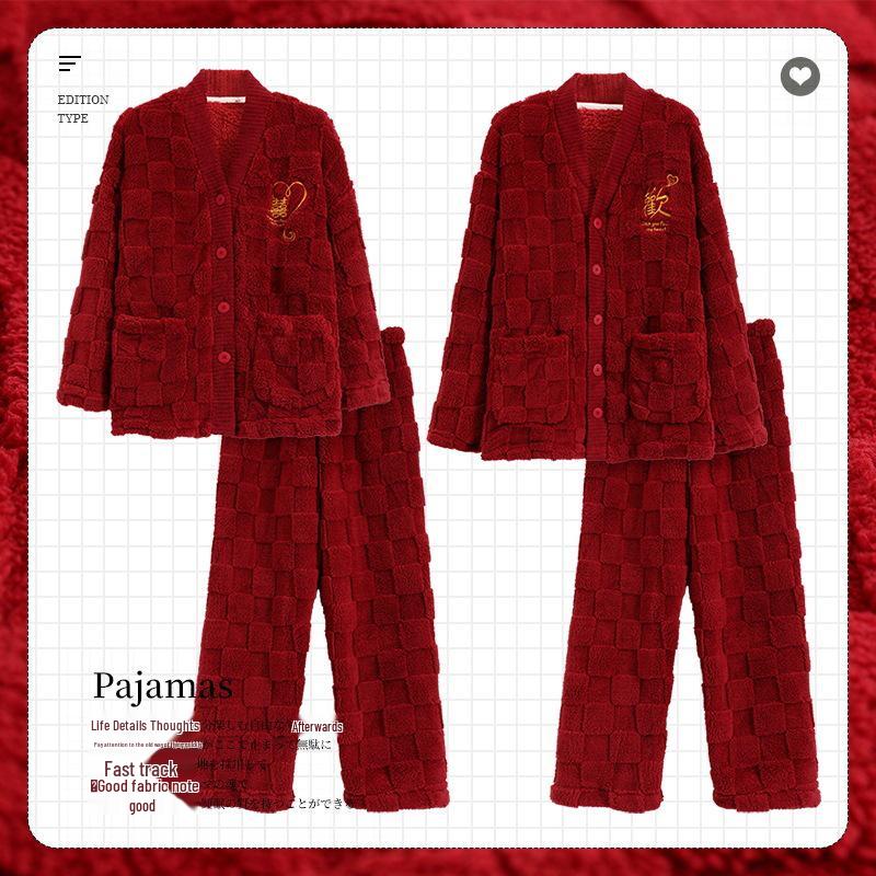 Year of the Snake Couples' Red Coral Fleece Pajamas: Warm Velvet Autumn/Winter Wedding Loungewear for Men and Women