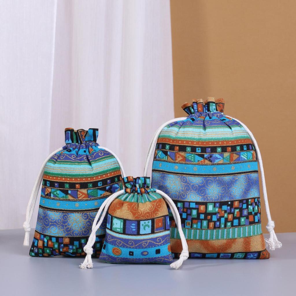 Ethnic Retro Print Stripe Cotton Drawstring Jewelry Gift Bag