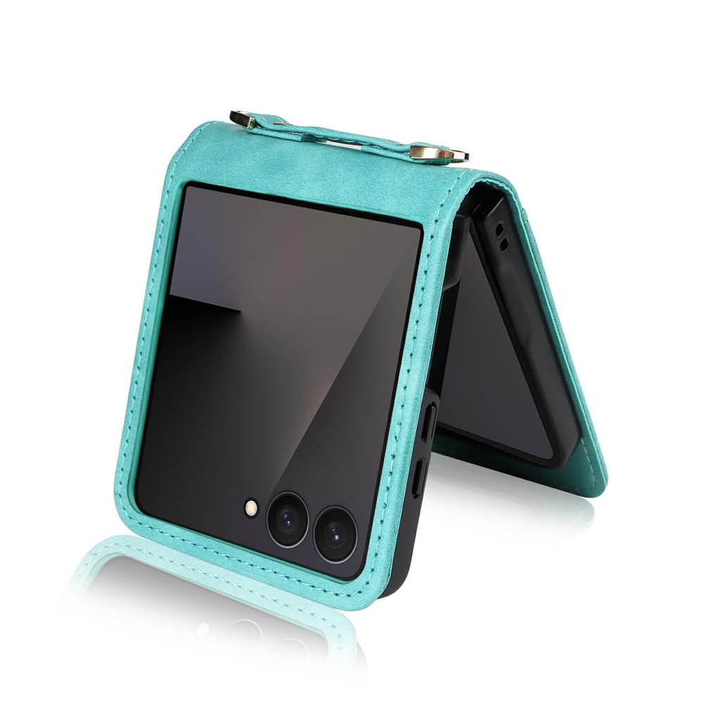 For Samsung Galaxy Z Flip7 5 Case Card Slots Leather Phone Cover with Lanyard