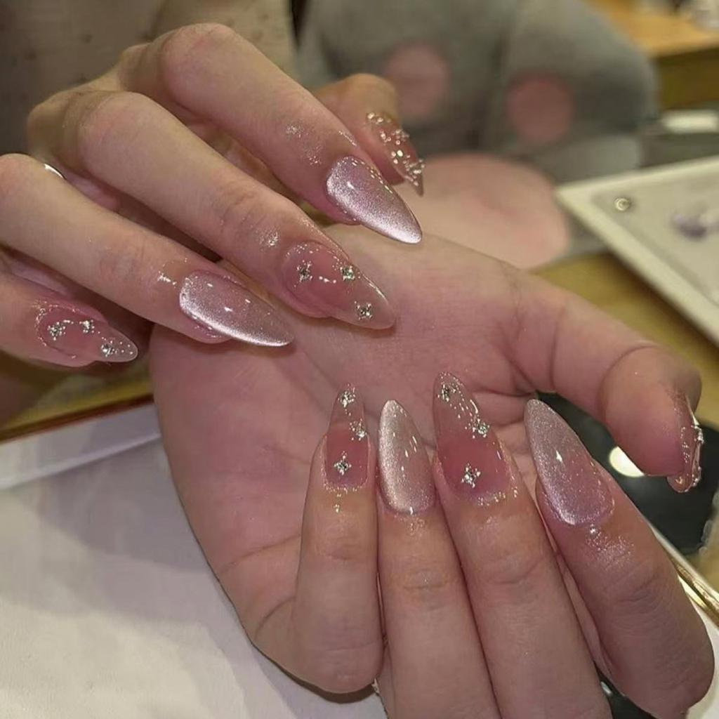 24PCS Glossy Blue Cat Eye Gradient French False Nails Sweet Silver 3D Bowknot Press On Nails Full Cover Simple Almond Fake Nails