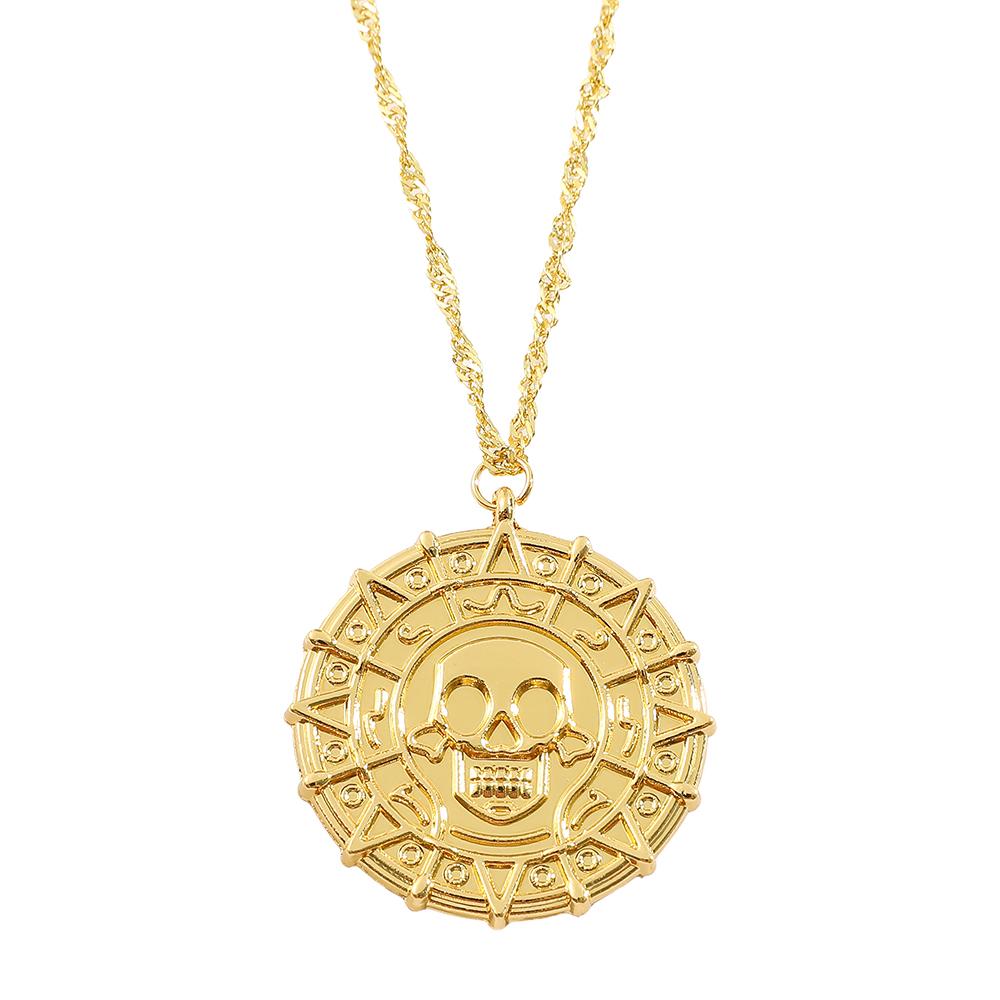 Pirates of the Caribbean Jack Sparrow Aztec Skeleton Skull Heads Coin Medallion Pendant Vintage Jewelry Necklace for