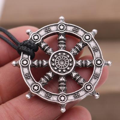 Buddhist Dharma Wheel Necklace Spiritual Amulet for Men Religious Jewelry Samsara Talisman Pendant Charm
