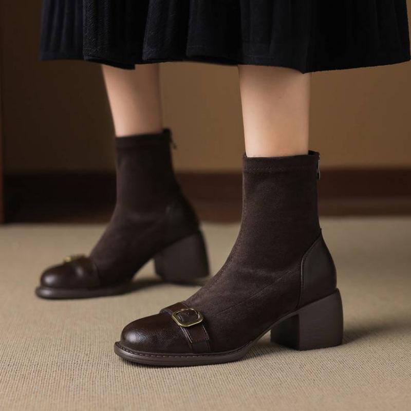 New elastic suede rear zipper Martin boots comfortable rear zipper solid color large size women's boots autumn and winter medium boots women's