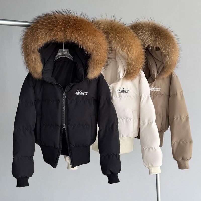 Womens Short Puffer Coat With Removable Hood Real Raccoon Fur Trim Waist-Cinched Fit Thick Winter Down Jacket