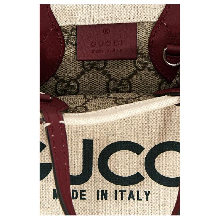 Gucci Print Mini Tote Bag, Beige Linen Canvas Burgundy Leather Trim Printed Logo, Women's Daily Shopping Travel Casual Handbag 799300-FACUL-8574
