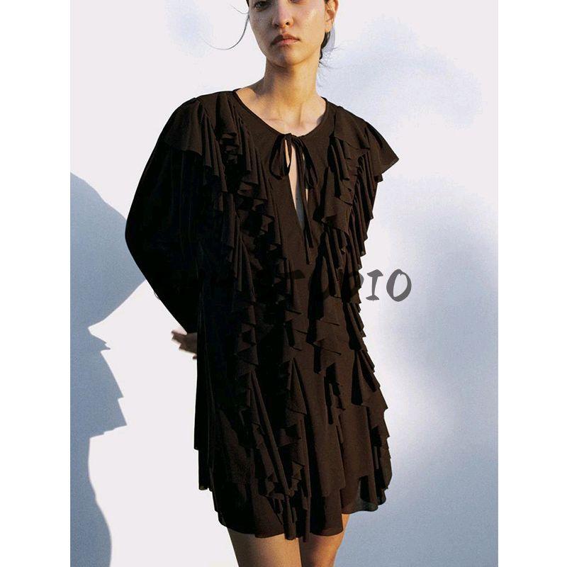 Spring New Women's Clothing Bows Lace-up Crew Neck Long Sleeves Laminated Decoration Short Dress 4813320