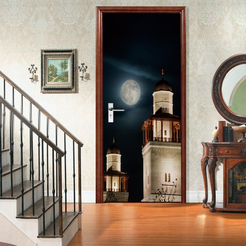 3D Door Mural Sticker Peel and Stick Door Wallpaper Golden Buddha Castle Moon Mermaid Flower Home Decor Removable