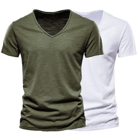 T-shirt da uomo con scollo a V, maniche corte, texture morbida, tinta unita, semplice maglione top, streetwear