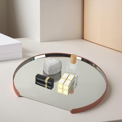 Stainless Steel Mirror Leather Tray Desktop Storage Container Jewelry Display Geometric Circular Storage Tray Cake Plate