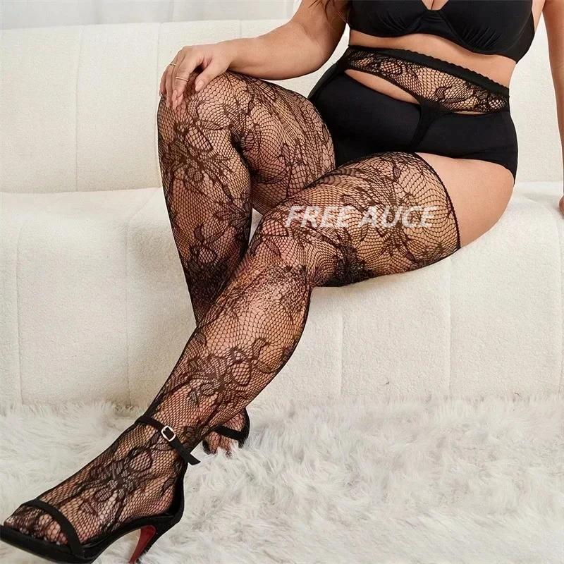 Freeauce Oversized Women Plus Big Size Lace Thin Stockings With Non-Slip Knee Thigh High Sheer Sexy Fishnets Black Stocking Xxxl