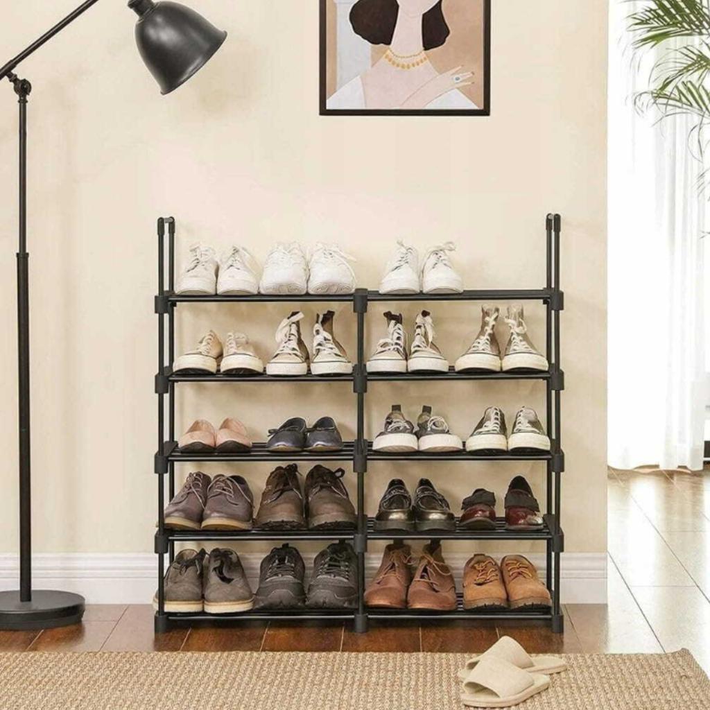 Slim Shoe Cabinet, Metal Shelf, Foldable Shoe Rack, Black Frame