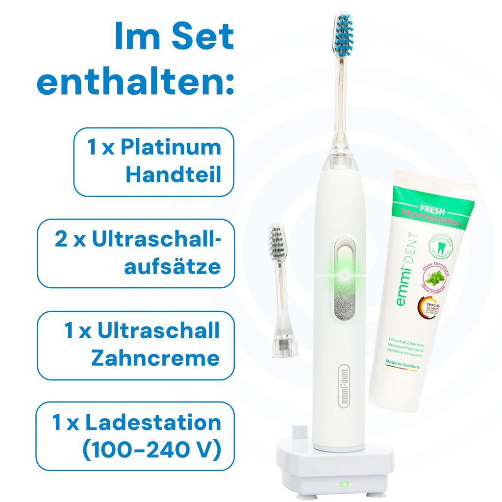 Metallic Electric Ultrasonic Toothbrush Ideal for Sensitive Teeth and Optimal Cleaning Without Up to 12 Days of Use emmi®-dent (Starter Set, White) -