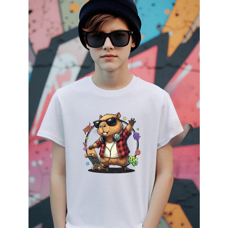 Boys Crewneck T-Shirt, Cool Skateboard Music Capybara Graphic Soft Breathable Short Sleeve Top 110 белый