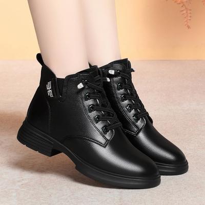 Low-heeled Martin Boots Women's New Autumn and Winter Soft-soled Leather Shoes Fleece Warm British Short Boots Women's Shoes
