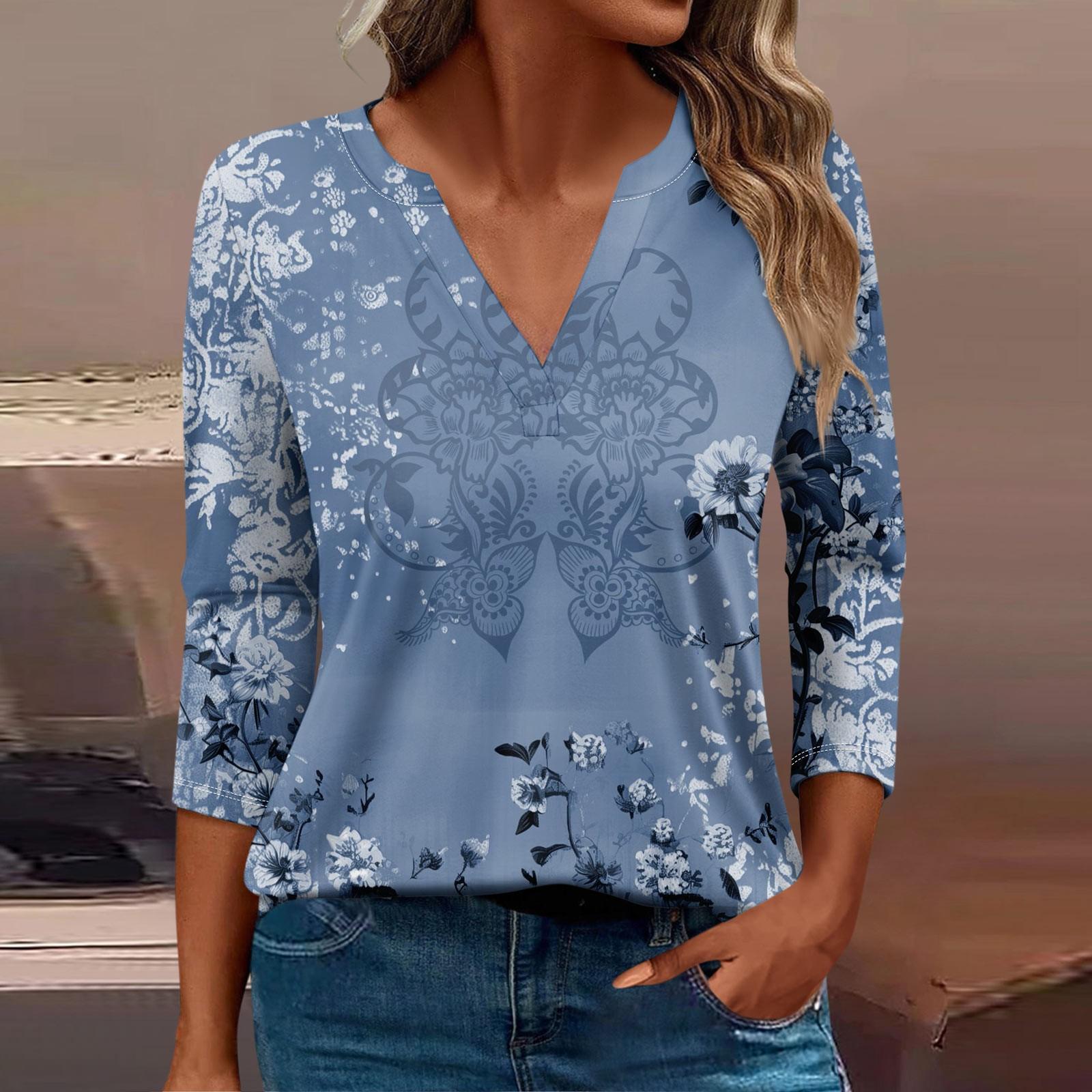 

Женская футболка Футболка с принтом Рукав 3/4 Повседневные Выходные Мода Базовый V-образный вырез Обычный топ L