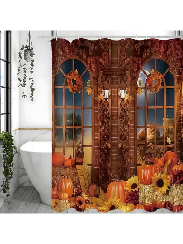 

Autumn Harvest Pumpkin Maple Leaf Haystacks Vintage Shower Curtain, Bathroom Decorative Shower Curtain, Waterproof Shower Curtai W90xH180cm