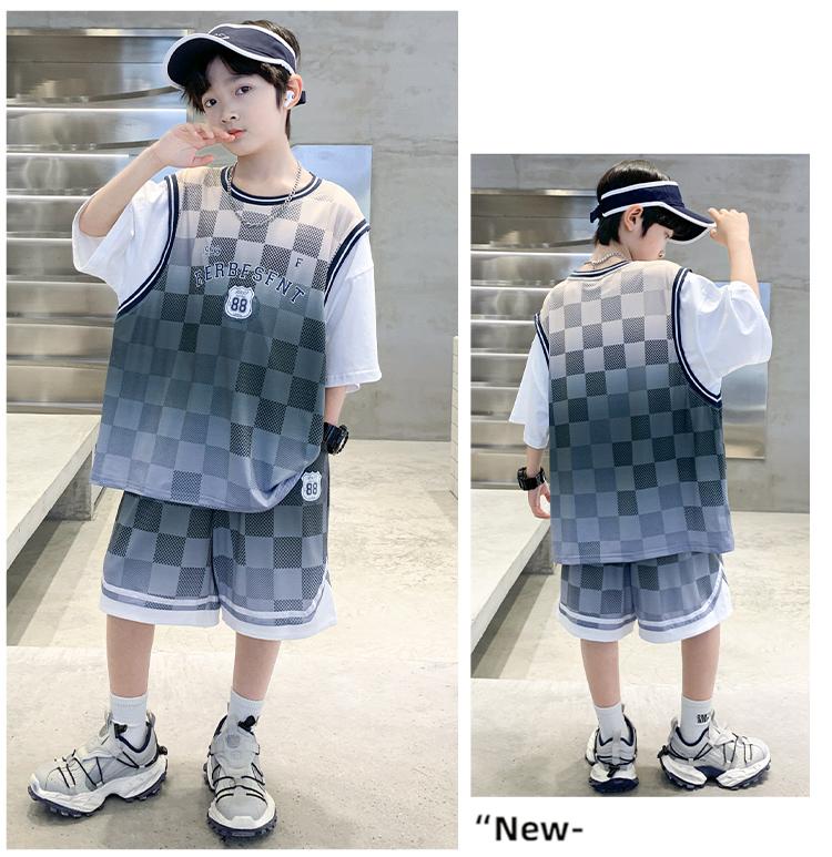 Boys' Basketball Suit Fake Two-piece Set, Summer Thin Ice Silk Quick Drying Sports Two-piece Set, Handsome