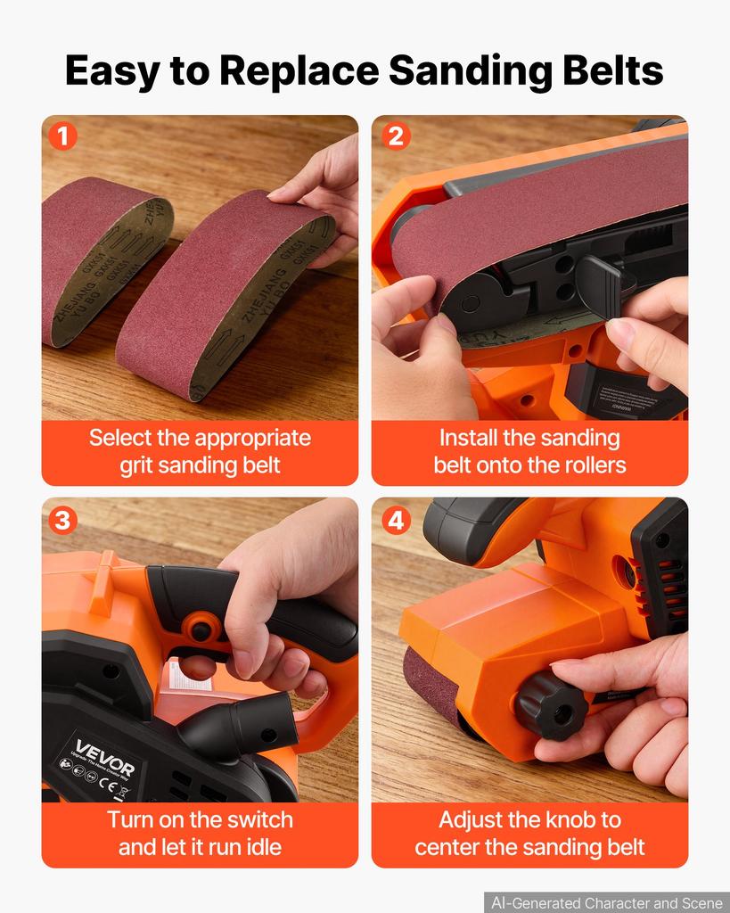 VEVOR 750W Belt Sander 7.6 x 53.3 cm Woodworking Belt Sander 6 Speeds 630-1200 FPM, 2-in-1 Handheld & Benchtop Sanding Machine with 2 Dust Bags