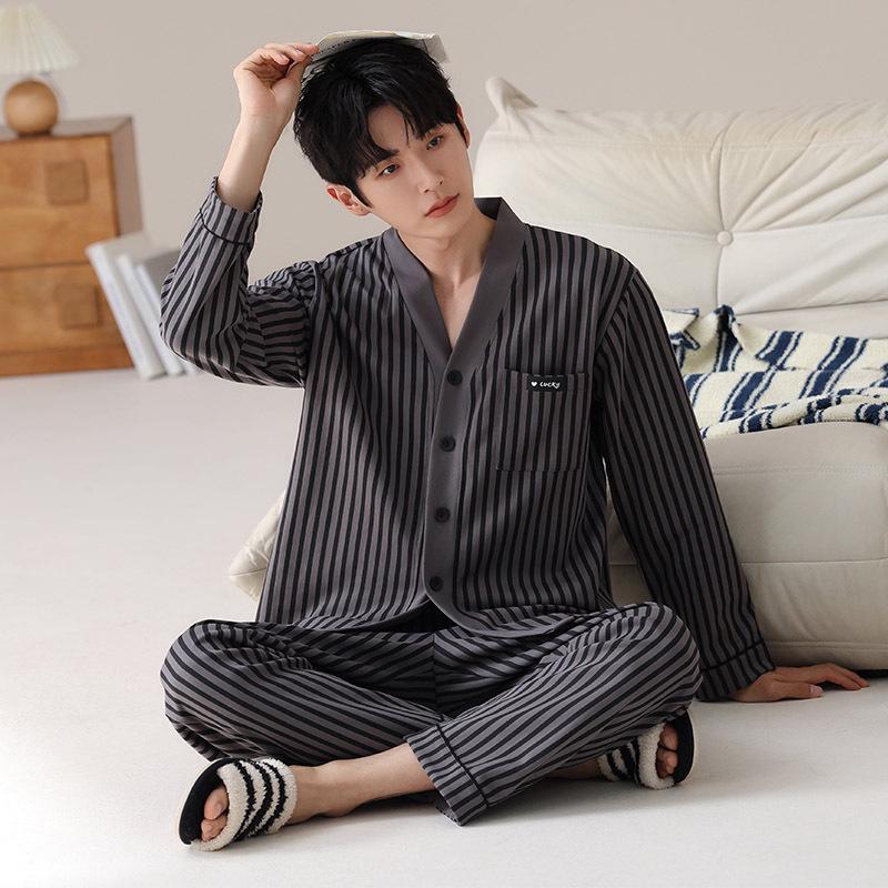 

Мужской пижамный комплект из хлопка с V-образным вырезом и длинным рукавом - Весенне-осенняя повседневная одежда L (100-130 lbs)