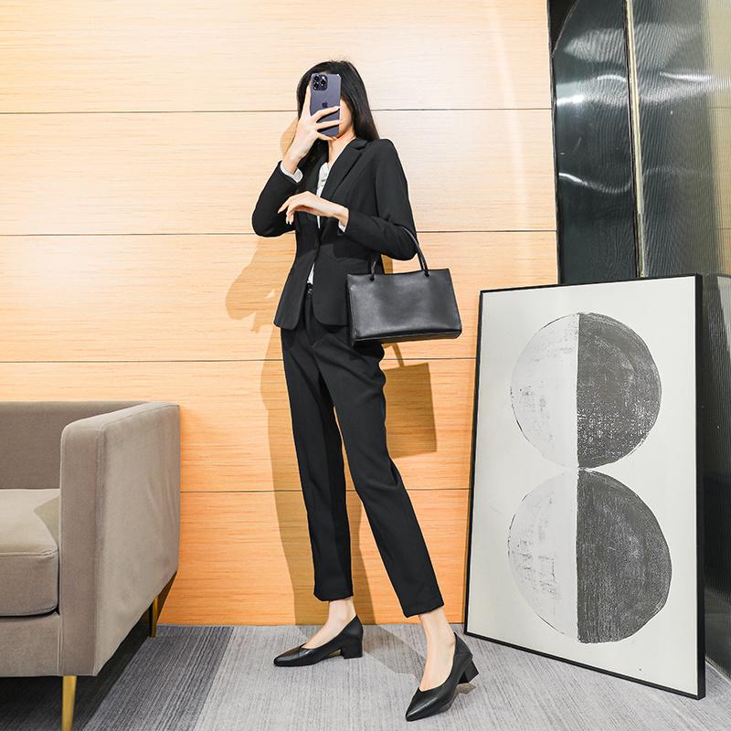 Work Shoes Women's Black Medium Heel Soft Sole Thick Heel Leather Shoes Career Job Interview Hotel Soft Leather Tooling Comfortable Single Shoes
