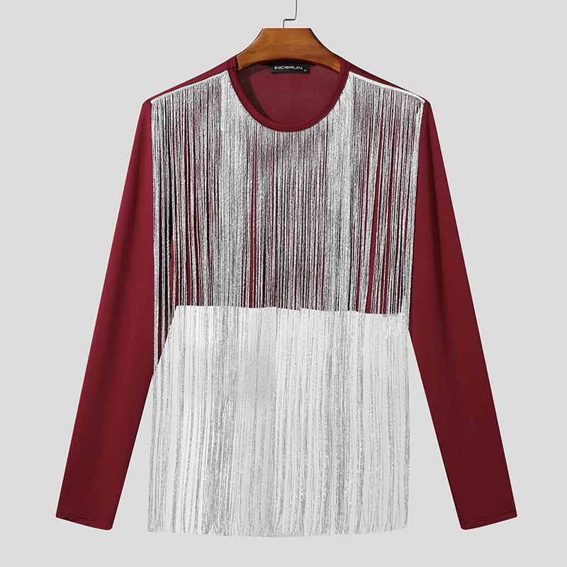 INCERUN Men Round Neck Front Tassel Patchwork Long Sleeve Casual Crop Tops T-shirts