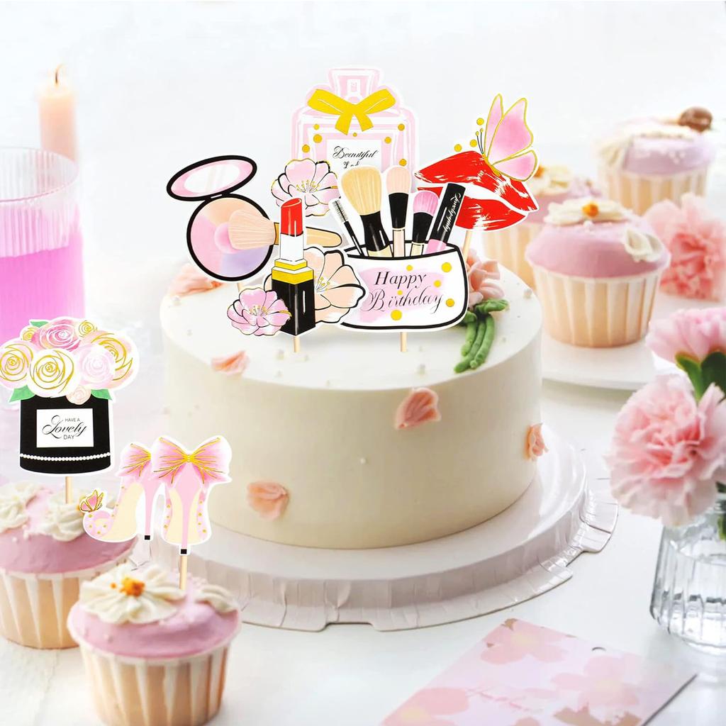 Glitter Makeup Cake Toppers Lipstick Cake Picks Cupcake Decors High Heel Makeup Brushes for Bridal Cosmetics Party Decorations