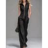 2026 Damen Waschbarer Denim-Jumpsuit Vintage Stehkragen Reißverschluss Ärmellos Gerades Bein