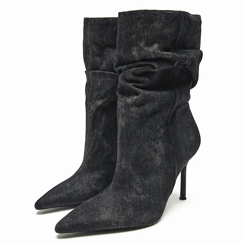 

Мода Женщины 2025 Новые Осенне-Зимние Ботинки Казаки с Острым Носком до Колена Челси Гладиаторы Мотоциклетные Туфли на Шпильке Mujer Zapatillas 41 чёрный