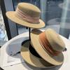 French Elegant Pearl Chain Flat Top Straw Hat Women's Spring and Summer Sunscreen Hat Seaside Vacation Sun Hat Versatile Top Hat