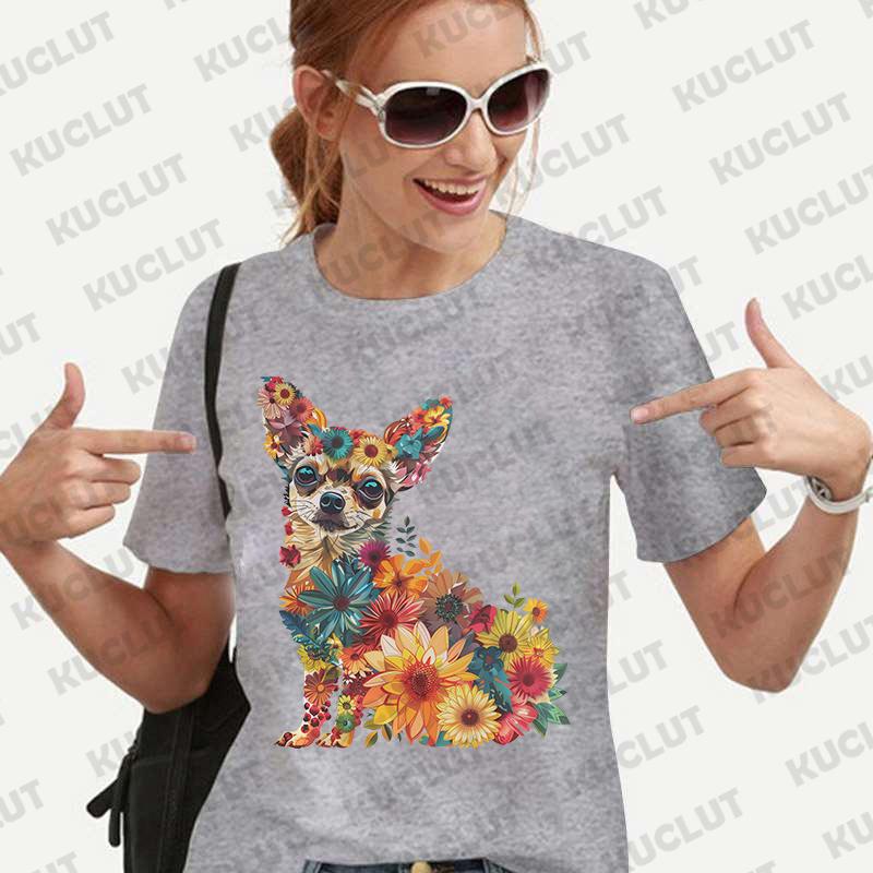 Dámské tričko s květinovým vzorem a čivavou, módní halenka s krátkým rukávem, Harajuku Ulzzang letní Y2k topy, dámské estetické oblečení