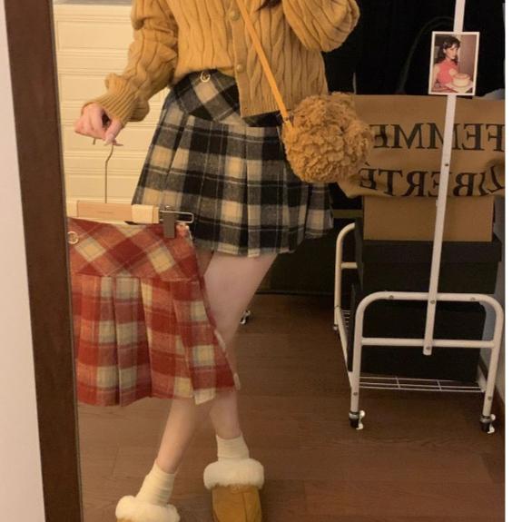 Winter Plaid Skirt Women Vintage Woolen Korea Black Red Preppy Style School Cute Sexy Check Print Pleated Mini Skirt
