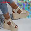 Fashion Aphixta Summer 9cm High Wedge Heel Platform Sandals Woman Sandals Gold Upper Women Zip Summer Shoes Peep Toe Sandals Big Size 43