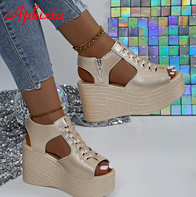 Fashion Aphixta Summer 9cm High Wedge Heel Platform Sandals Woman Sandals Gold Upper Women Zip Summer Shoes Peep Toe Sandals Big Size 43