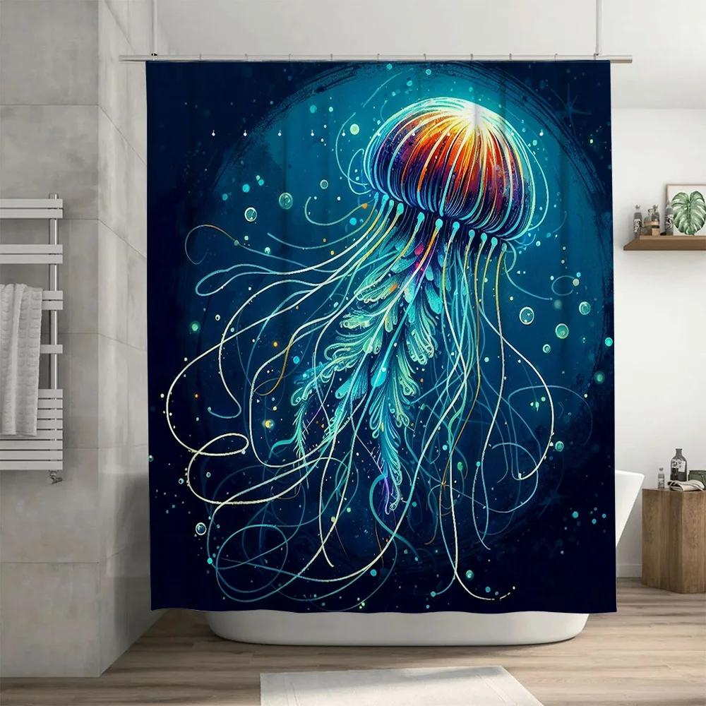 Modern Shower Curtain Jellyfish Design Blue Green White Colors Waterproof Fabric Print Large Size Decorative Bathing Room Decora