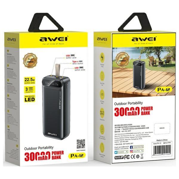 Powerbank 30000mAh 22,5W Awei Svart