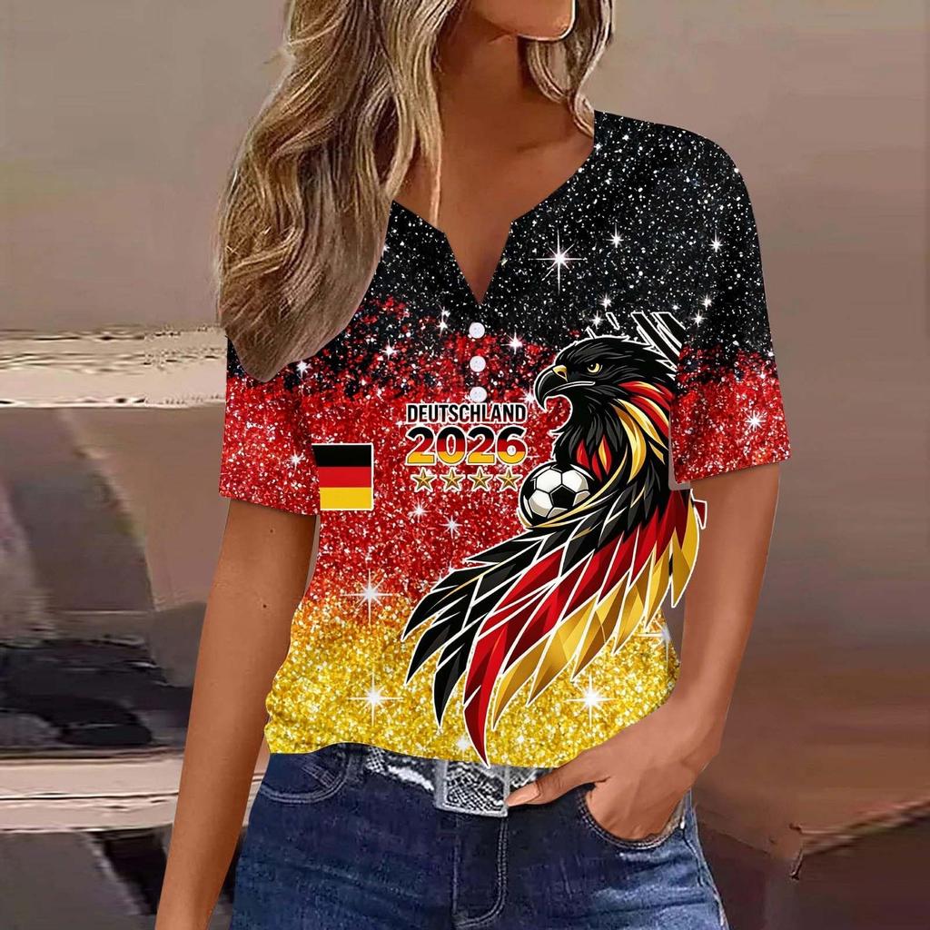 Women's V Neck Short Sleeve Button T Shirt Soccer Print Fan Top World Cup Supporter Apparel Casual Fit Lightweight Fabric