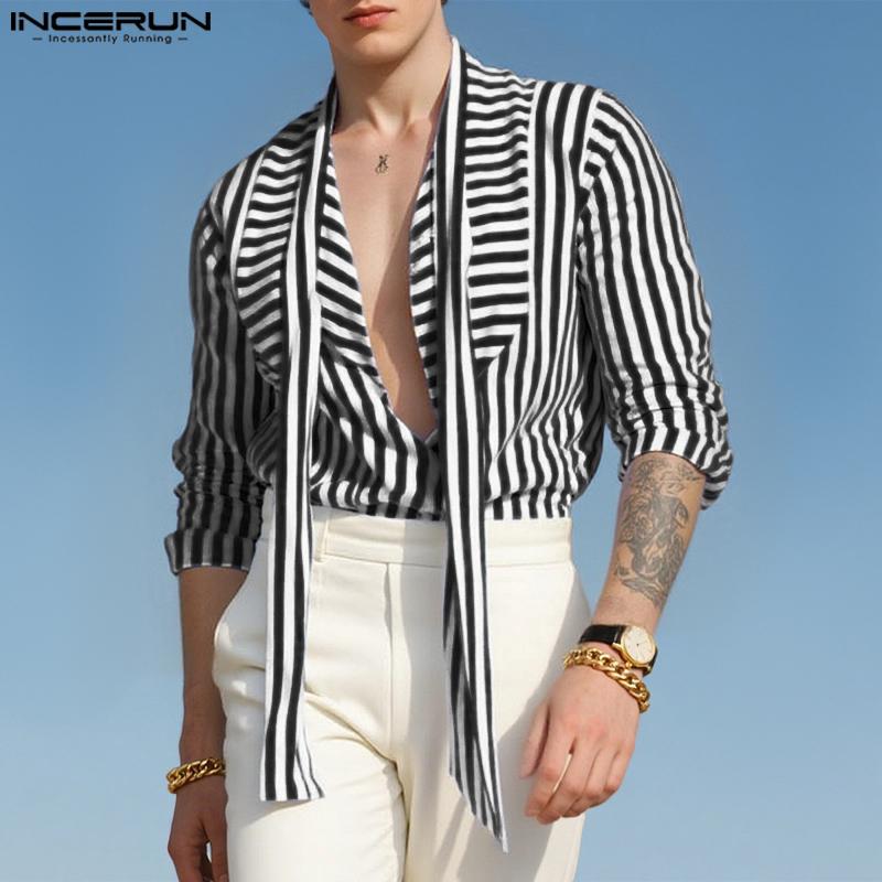 INCERUN Men Lapel Deep V Neck Long Sleeve Striped Print Casual Lace-up Shirts Tops