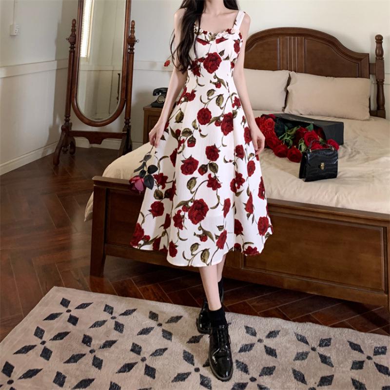 Sommer 2025 Elegantes französisches Stil-Rosenmuster Midi-Spitzenkleid