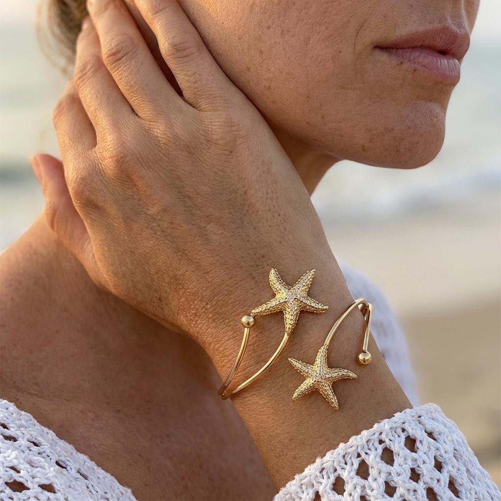 Trendy Metal Starfish Open Cuff Bangles For Women Boho Gold Color Geometric Bracelet Summer Beach Party Aesthetic Jewelry Gift