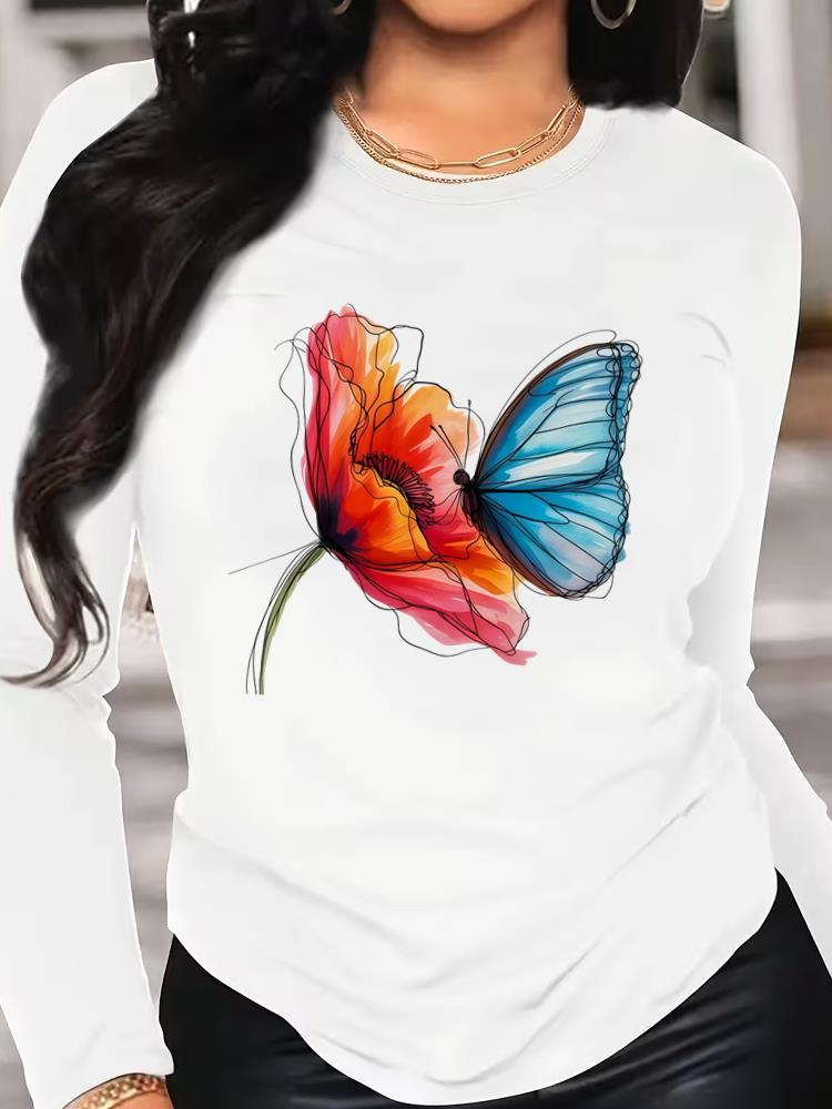 (Asian Size) Tee O-neck Print Autumn Winter Spring Women Clothing 90s Butterfly Trend Casual Long Sleeve T Shirt Fashion Top Graphic T-shirts
