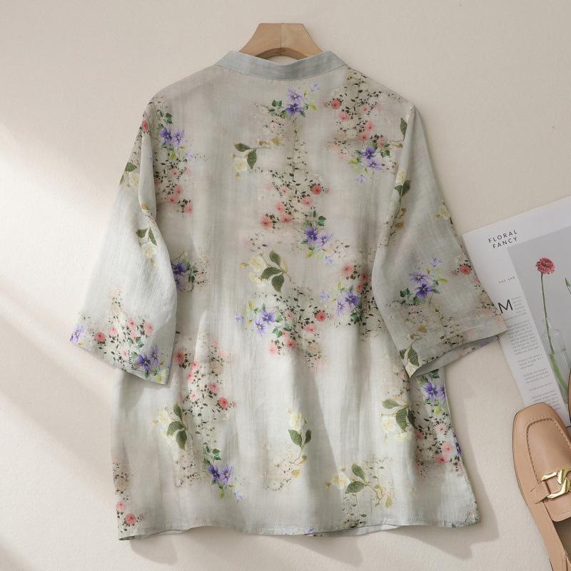 1116 neuer Top chinesischer Stil Stehkragen bedruckter Pullover Retro Chinesisch Zen Baumwolle und Leinen Hemd