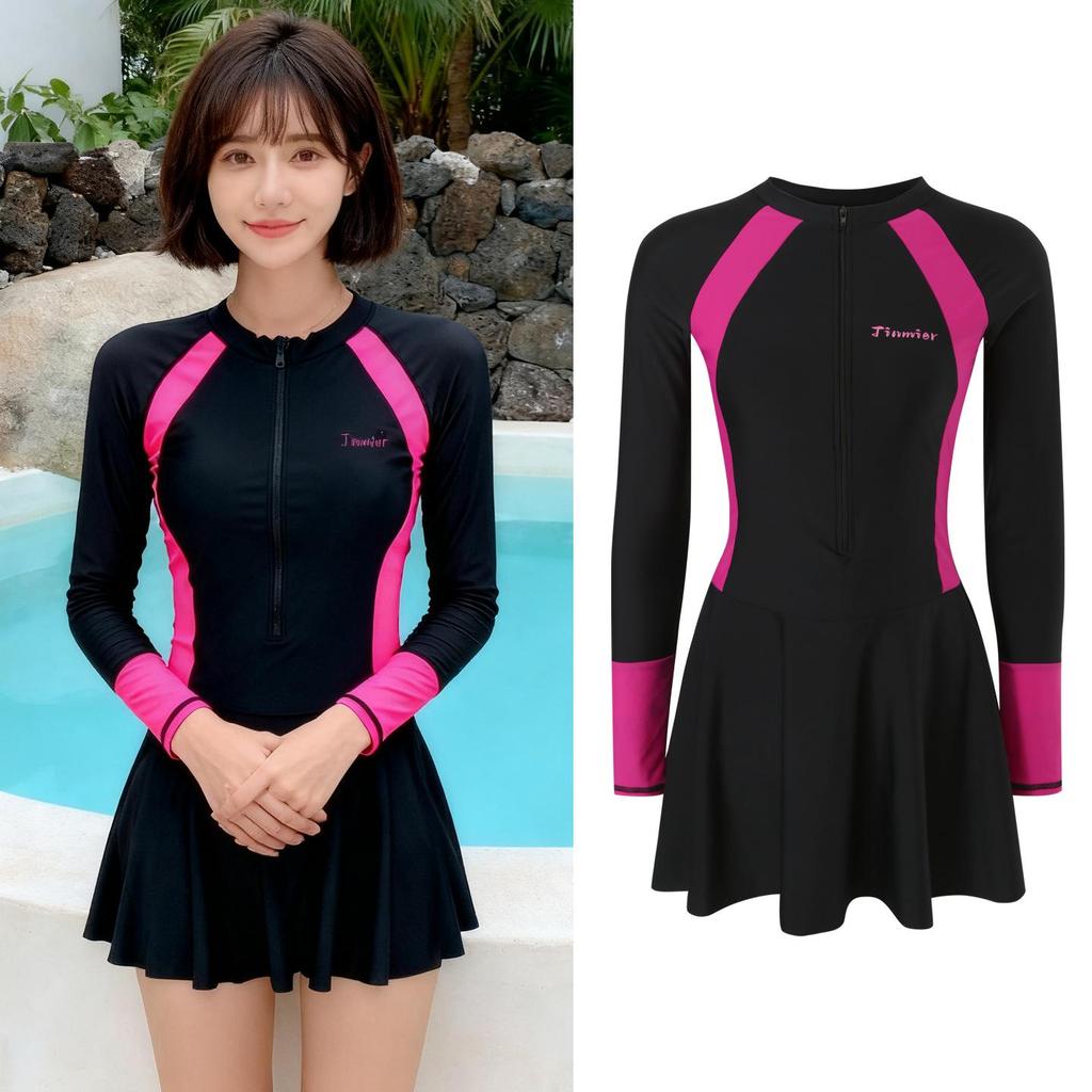 Women's Long Sleeve One-Piece Skirted Swimsuit - Warm, Quick-Dry Jellyfish Dive Suit for Winter & Hot Spring.