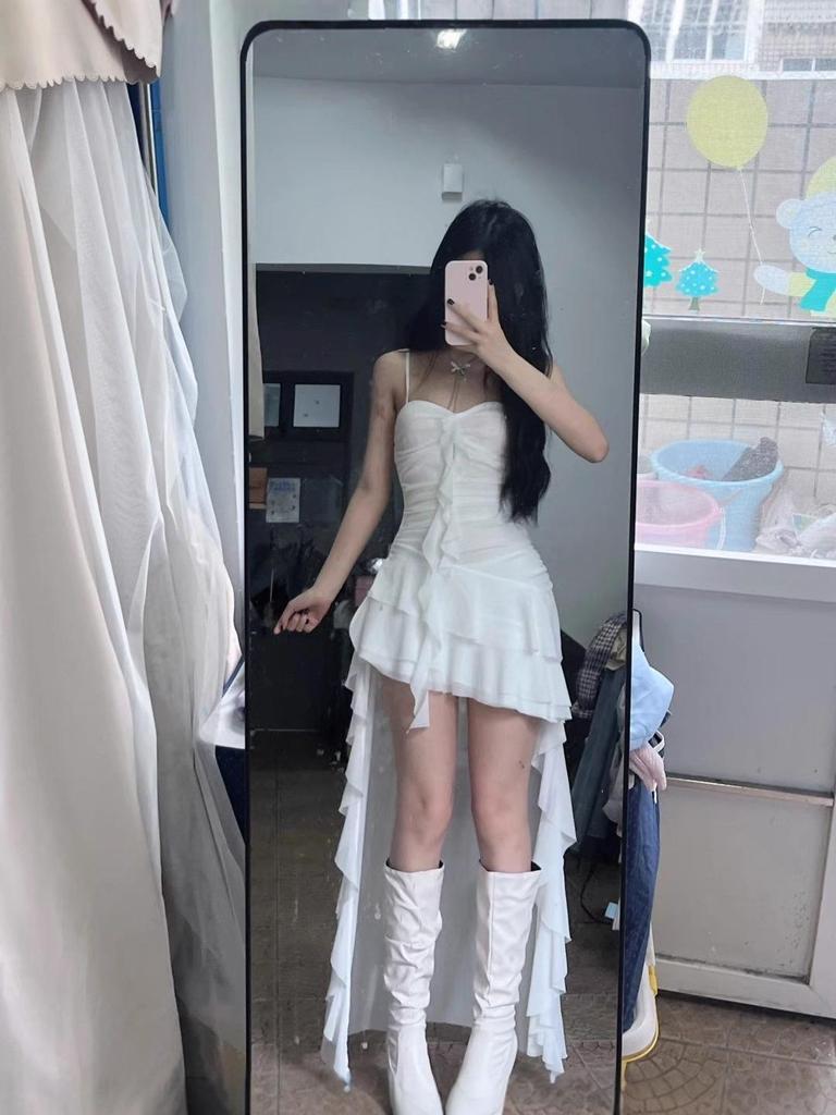 French-inspired Ruffle Spliced Camisole Dress - Women's Summer Slimming Irregular Long Dress