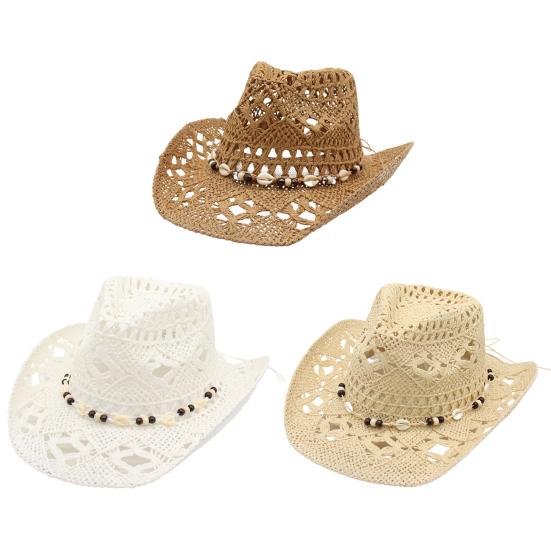 Straw Cowboy Hat for Men Women Western Cowgirl Hat with Shapable Brim Woven Hollow Out Beach Coastal Sun Hat