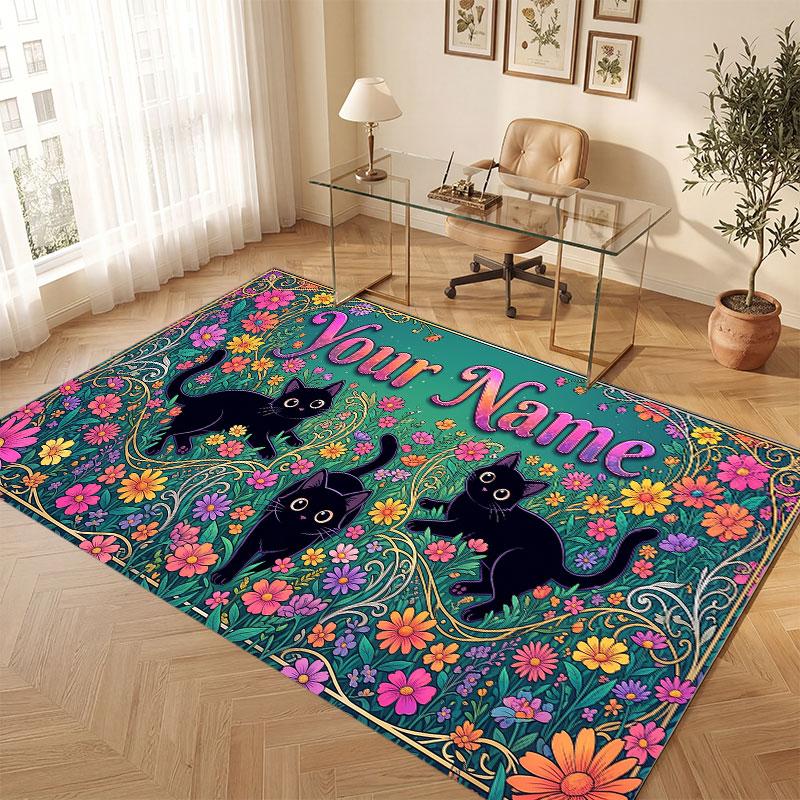 Cat Theme Crystal Velvet Floor Rug Personalized Custom Name Text Warm Carpet Home Decoration