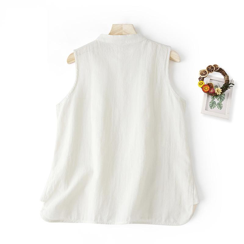 Chinese Vest Women Summer Sleeveless Blouse Retro Buckle Split Linen Shirt Soft