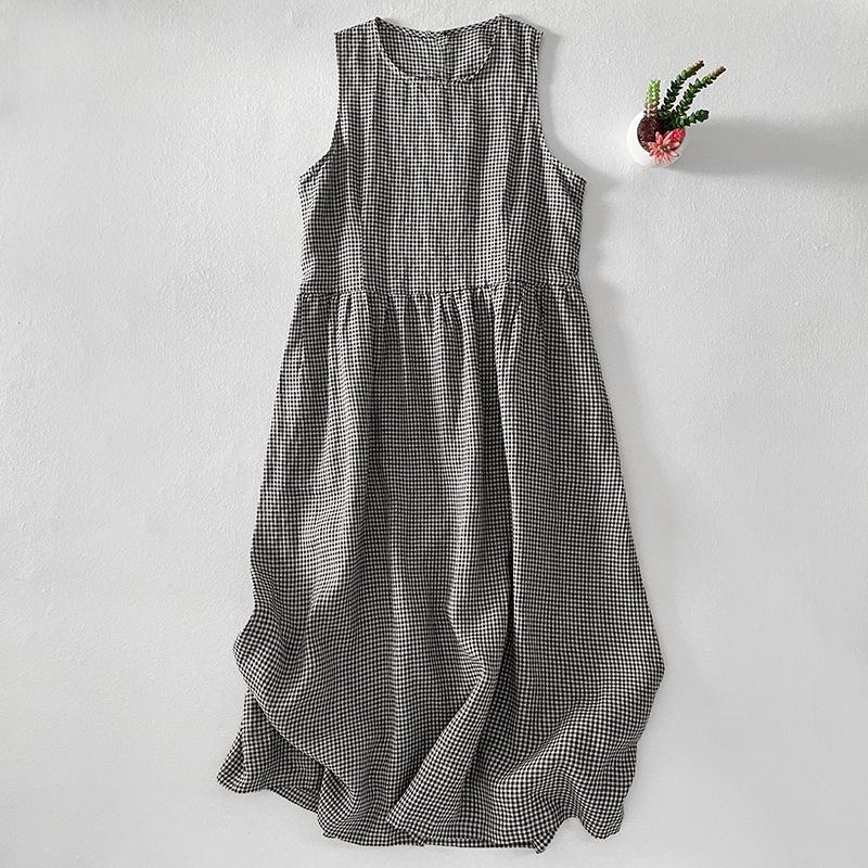 2025 Summer New Round Neck Sleeveless Cotton and Linen Large Size Plaid Sleeveless Vest Skirt Women's Loose Casual Dress