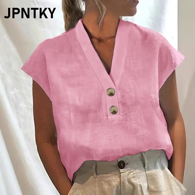 JPNTKY Women's Fashion Casual Solid Color Print Short Sleeve V Neck Blouses & Shirts