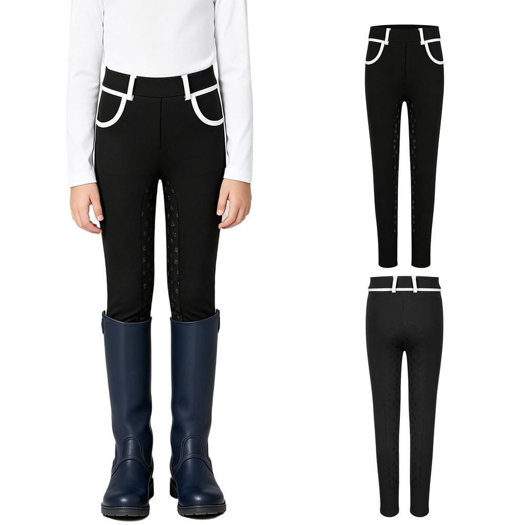 Pantaloni da equitazione antiscivolo a seduta intera per bambine e ragazze, con finiture a contrasto, leggings equestri con tasche e passante per cintura per allenamento e competizione